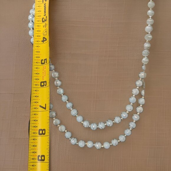 Very Long Double Wrap 1980s Blue and Silver Tiger Striped Beaded Necklace - Picture 3 of 4